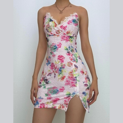 V neck lace flower print cami mini dress