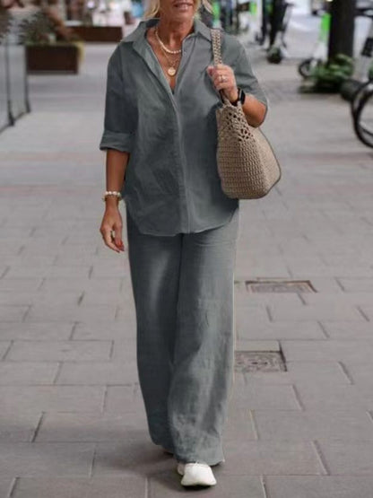 Collared Long-sleeved Shirt And Casual Solid Color Wide-leg Pants Two-piece Set For Spring And Autumn