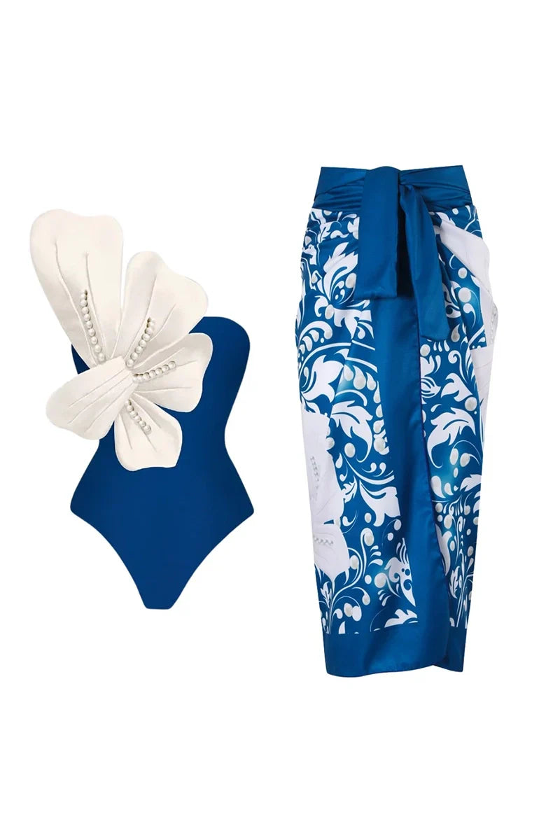 Blue Swimsuit Set Pearl Floral Accents