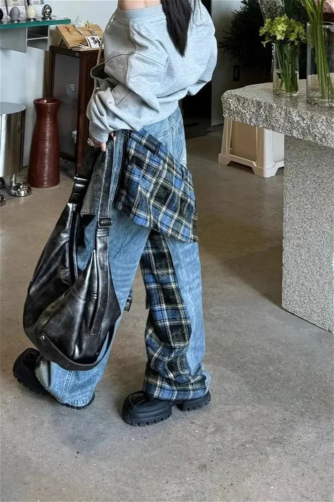 Plaid Patchwork High Waist Denim Pant