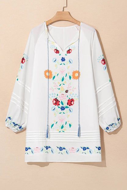 White Boho Floral Tassel Tie V Neck Mini Dress
