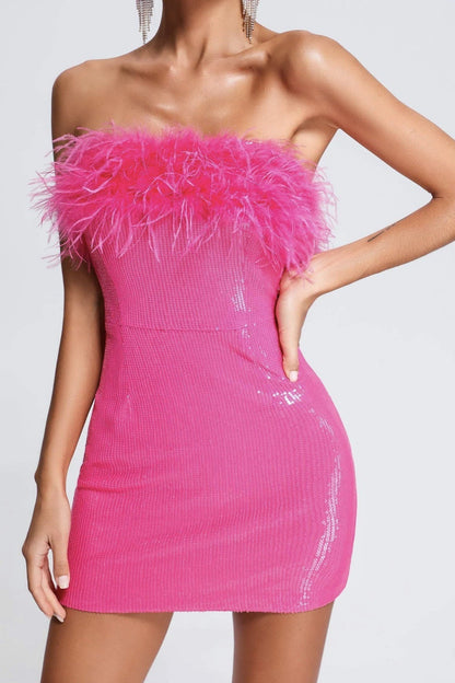 Sequin Faux Fur Trim Off-Shoulder Strapless Party Dress