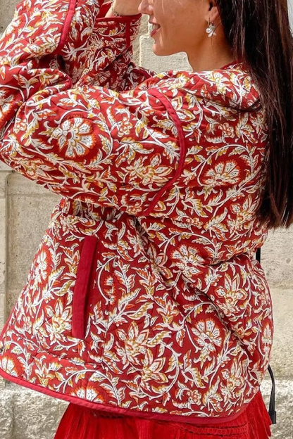V-neck Floral Print Loose Quilted Cotton Jacket