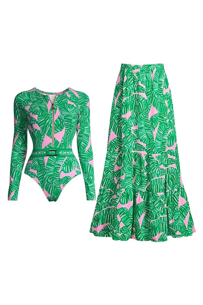 Green Zip-Up Floral Surf Set