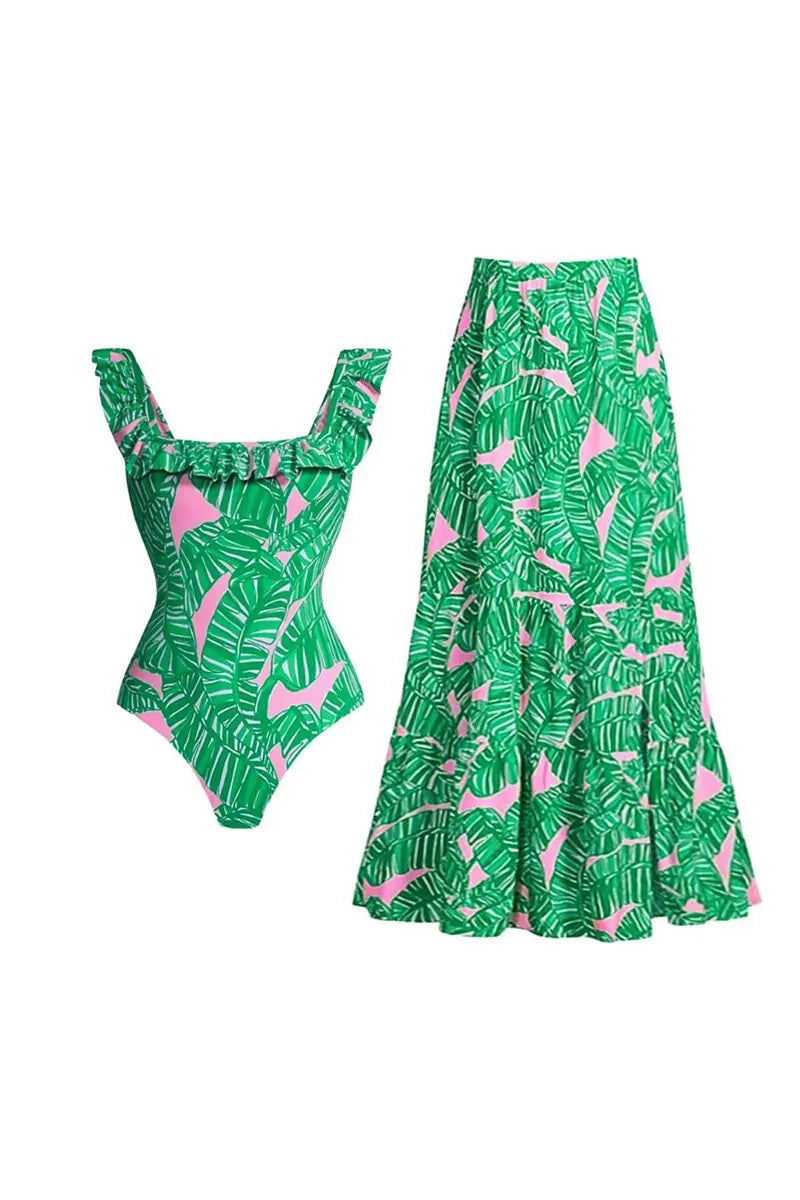 Green Ruffle Print One Piece Swimsuit