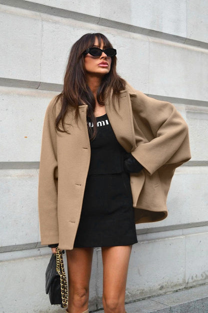 Batwing Sleeve Wool Blend Coat