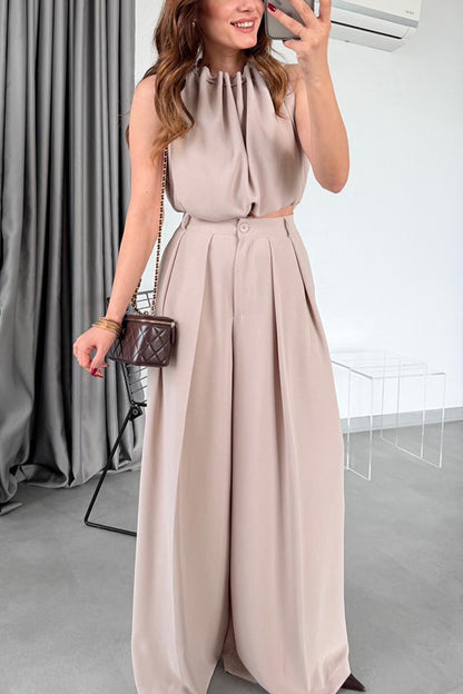 Macie Pleated High Neck Sleeveless Top and High Rise Pocket Wide Leg Pants Set