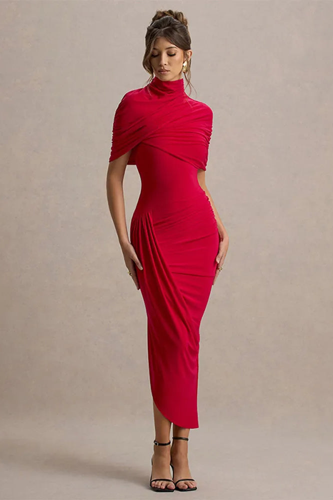 Mock Neck Crossover Ruched Draped Shoulder Wrap Bodycon Midi Dress