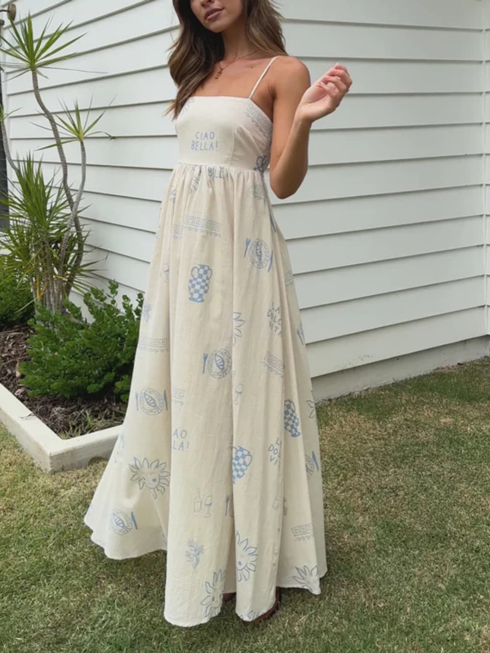 Spaghetti Strap Square Neck Graphic Print A Line Maxi Dress