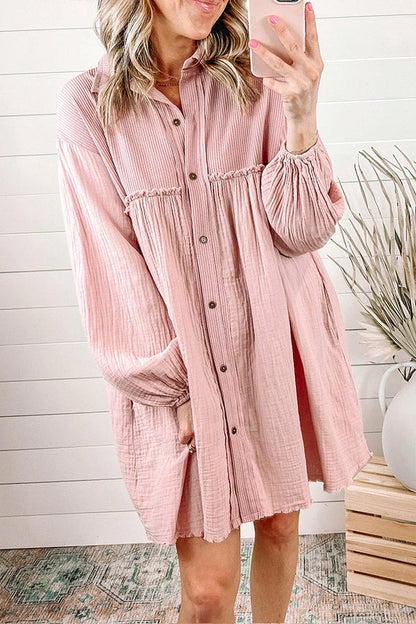 Patchwork Crinkled Puff Sleeve Raw Hem Dress