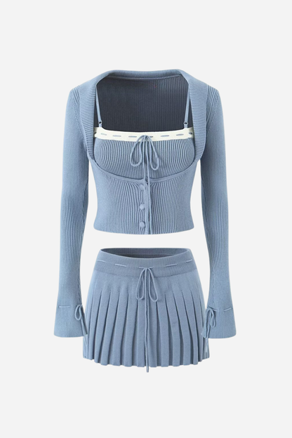 Bowknot Ribbed Three-piece Knitted Set