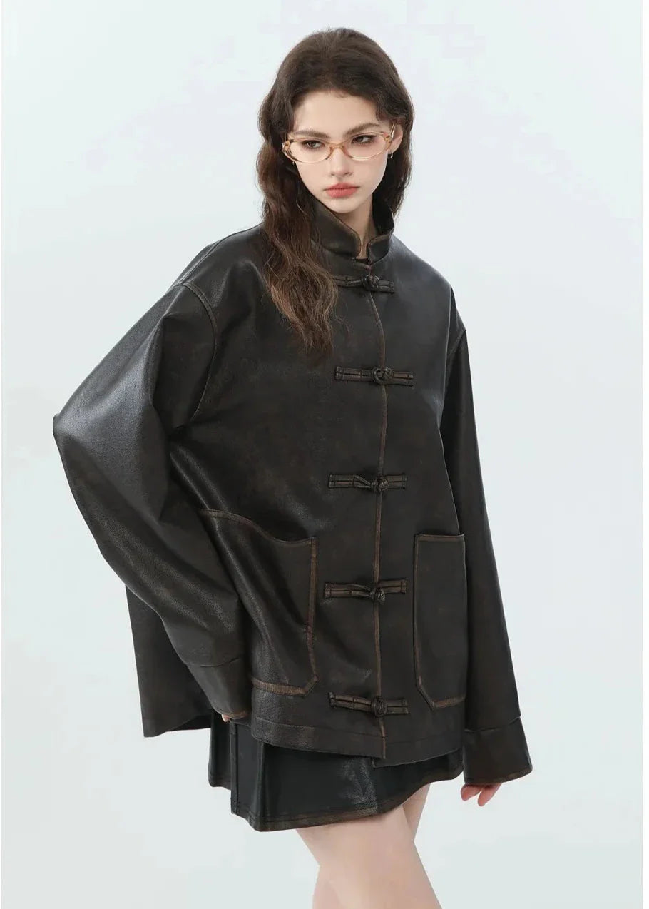 Vintage Loose PU Leather Jacket with Stand Collar