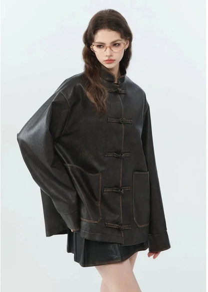 Vintage Loose PU Leather Jacket with Stand Collar