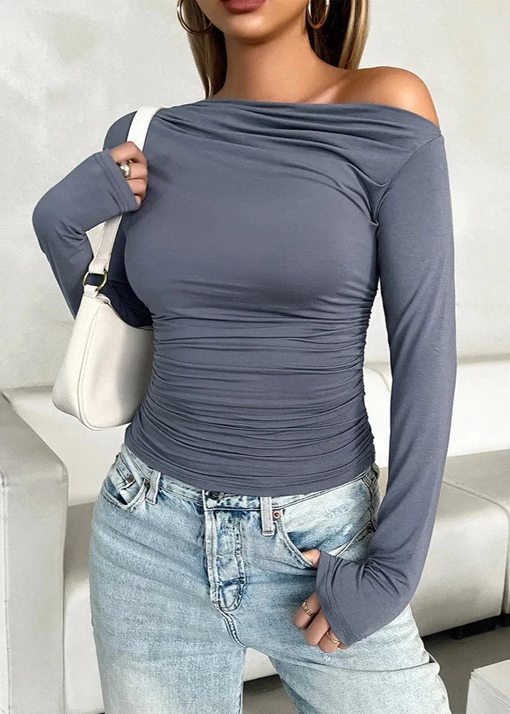 Charcoal Gray Off-Shoulder Slim-Fit Long Sleeve Top