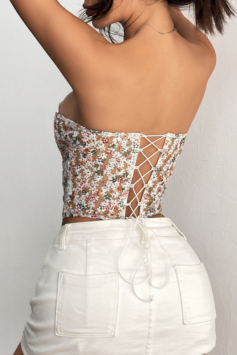 Floral Embroidery Boned Sheer Corset Crop Top