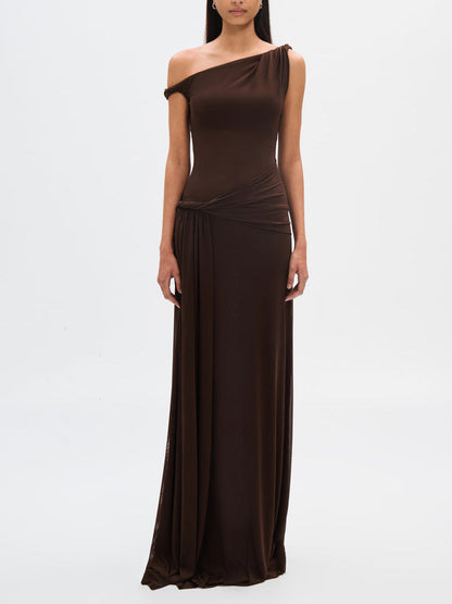 One Shoulder Knot Waist Draped Jersey Bodycon Maxi Dress