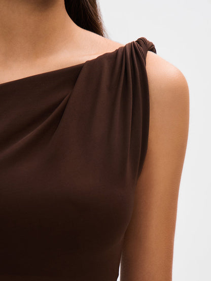One Shoulder Knot Waist Draped Jersey Bodycon Maxi Dress