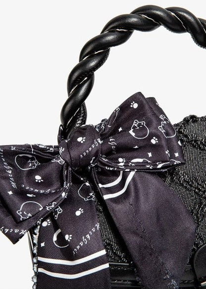 Aurelia Noir - Textured Faux Leather Mini Handbag with Printed Bow