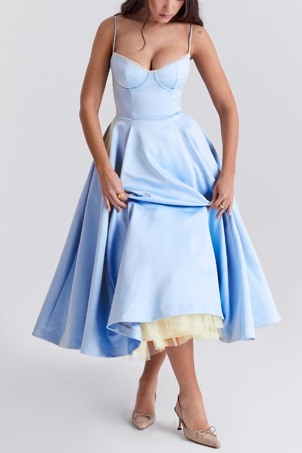 Lace Trim Sweetheart Corset Bodice Tulle Petticoat Fit and Flare Midi Dress