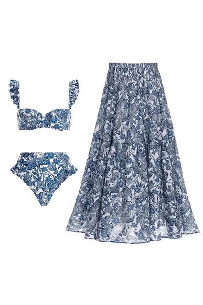 Blue Dragonfly Ruffle Skirt Swimsuit Set