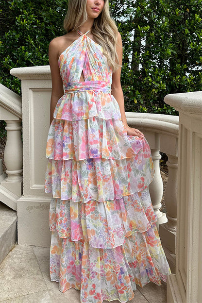 Harmony Floral Print Tiered  Ruffle Cross Halter Backless Vacation Maxi Dresses
