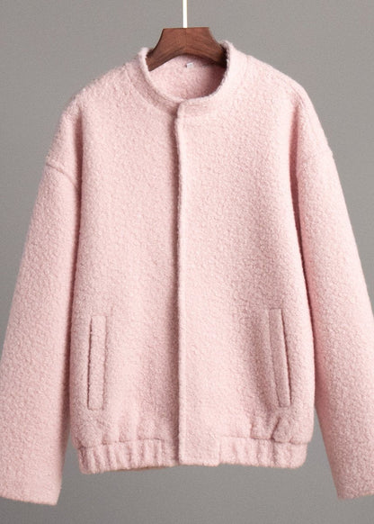 Cozy Pink Drop Shoulder Stand Collar Jacket