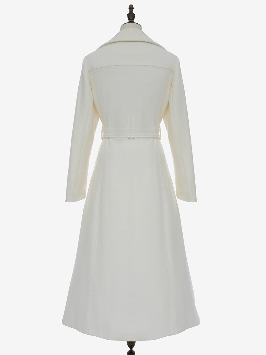 White Longline Woolen Coat Notched Lapel Double Breasted Belted Winter Full Length Outerwear For Women 2026
