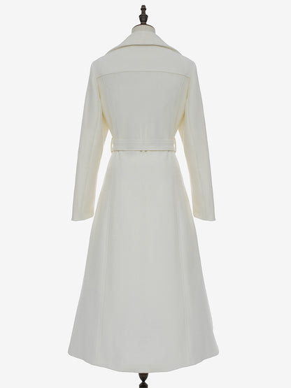 White Longline Woolen Coat Notched Lapel Double Breasted Belted Winter Full Length Outerwear For Women 2026