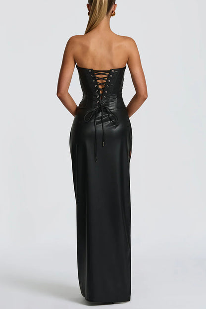 Alba Faux Leather Pleated Off Shoulder Neck Slit Stretch Maxi Dress
