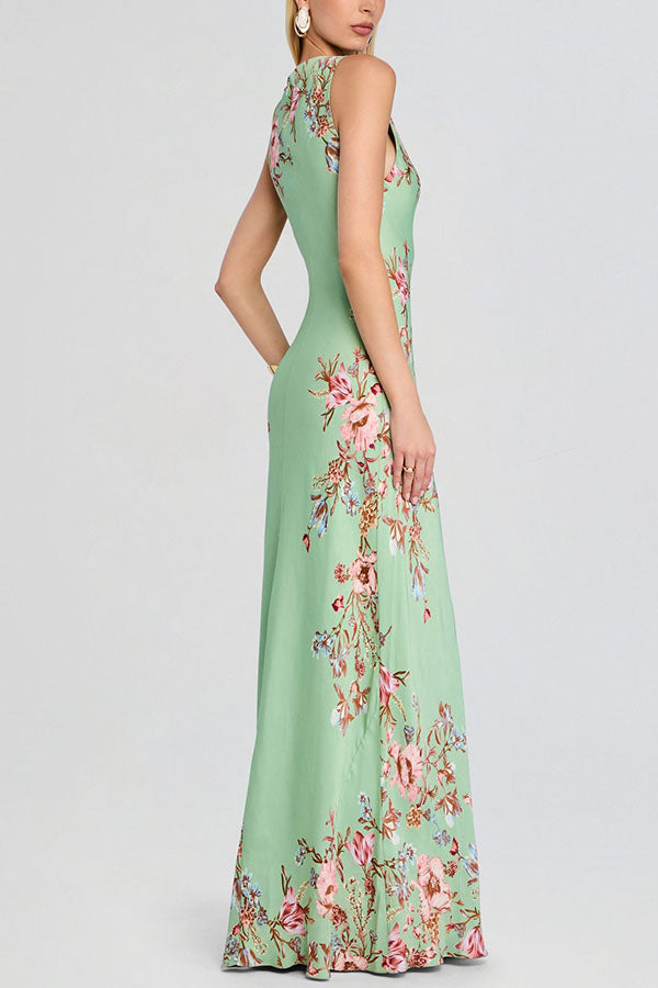 Love in Bloom Floral Print Asymmetrical Chiffon Cape Maxi Dress