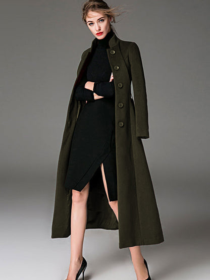 Wool Blend Coat Burgundy Belted Stand Collar Slim Fit Winter Outerwear For Women In Solid Color 2026