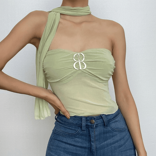 Sheer mesh backless buckle ruffle solid tube crop top