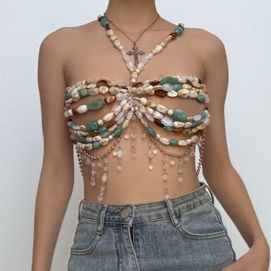 Beaded hollow out metal chain cami cut out top