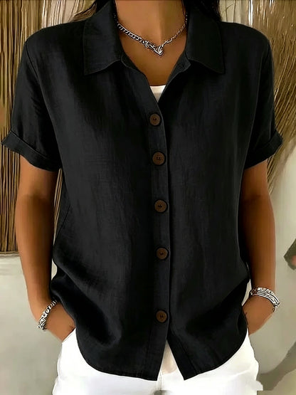 Button-up Cotton Linen Solid Color Short-sleeved T-shirt