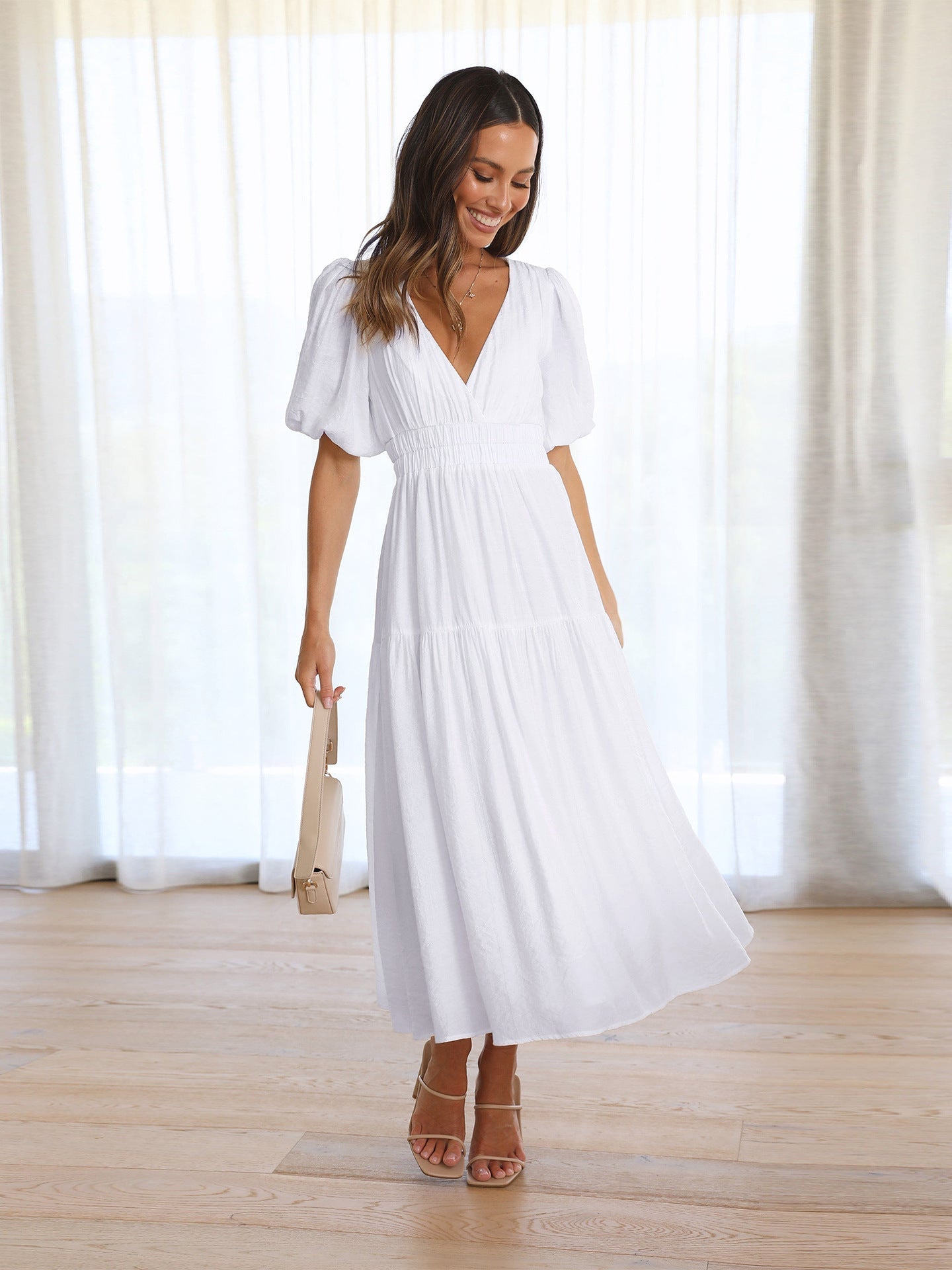 Deep V-Neck Puff Sleeve Smocked Waist Tiered Maxi Dress