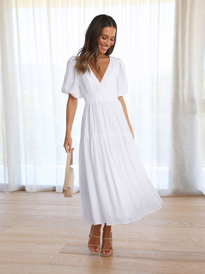 Deep V-Neck Puff Sleeve Smocked Waist Tiered Maxi Dress
