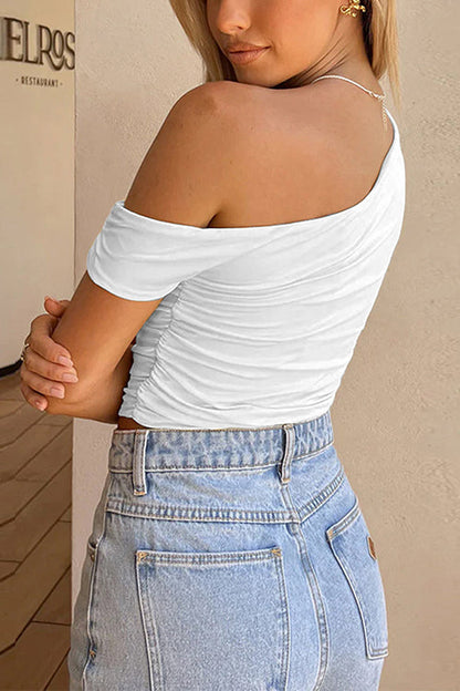 Asymmetrical Shoulder Ruched Crop Top