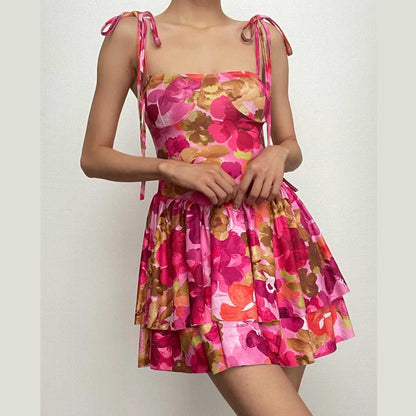 Floral Print Square Neck Tie Strap Tiered Ruffle Mini Dress