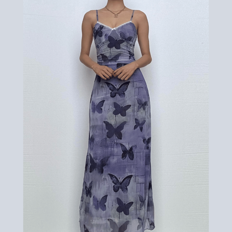 Mesh lace hem butterfly print cami maxi dress