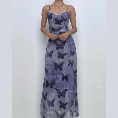 Mesh lace hem butterfly print cami maxi dress