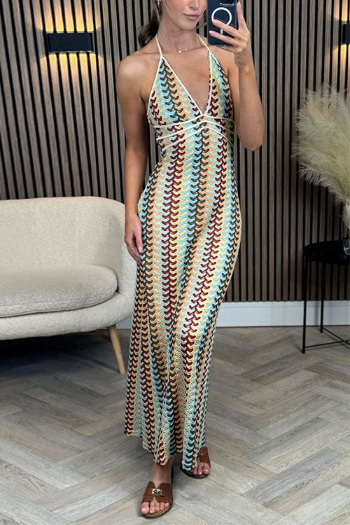 Meridress Halter V Neck Backless Color Block Crochet Maxi Dress