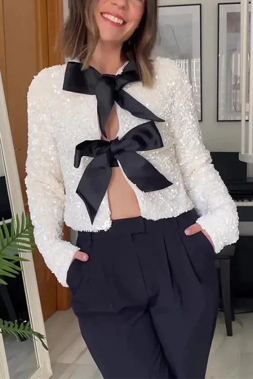 Long Sleeves Bow Knot Glitter Sequin Top