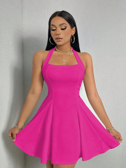 Halter Neck, Backless, Fitted Waist, A-line Short Dress