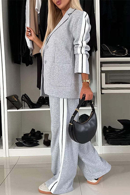 Patchwork Notch Lapel Pocketed Blazer Elastic Waist Wide Leg Pants Casual Set