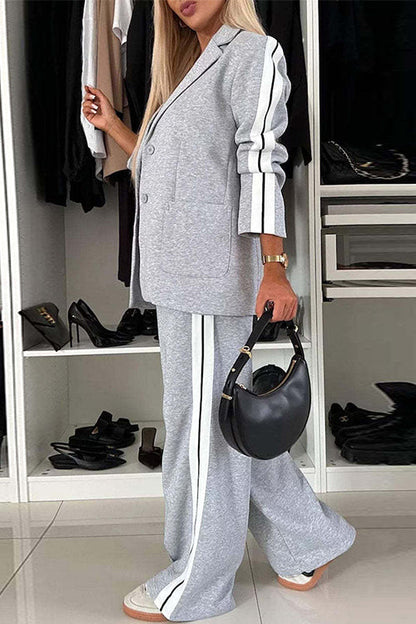 Patchwork Notch Lapel Pocketed Blazer Elastic Waist Wide Leg Pants Casual Set