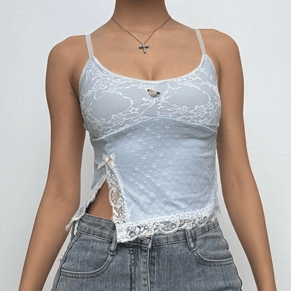 Lace slit flower applique bowknot cami top