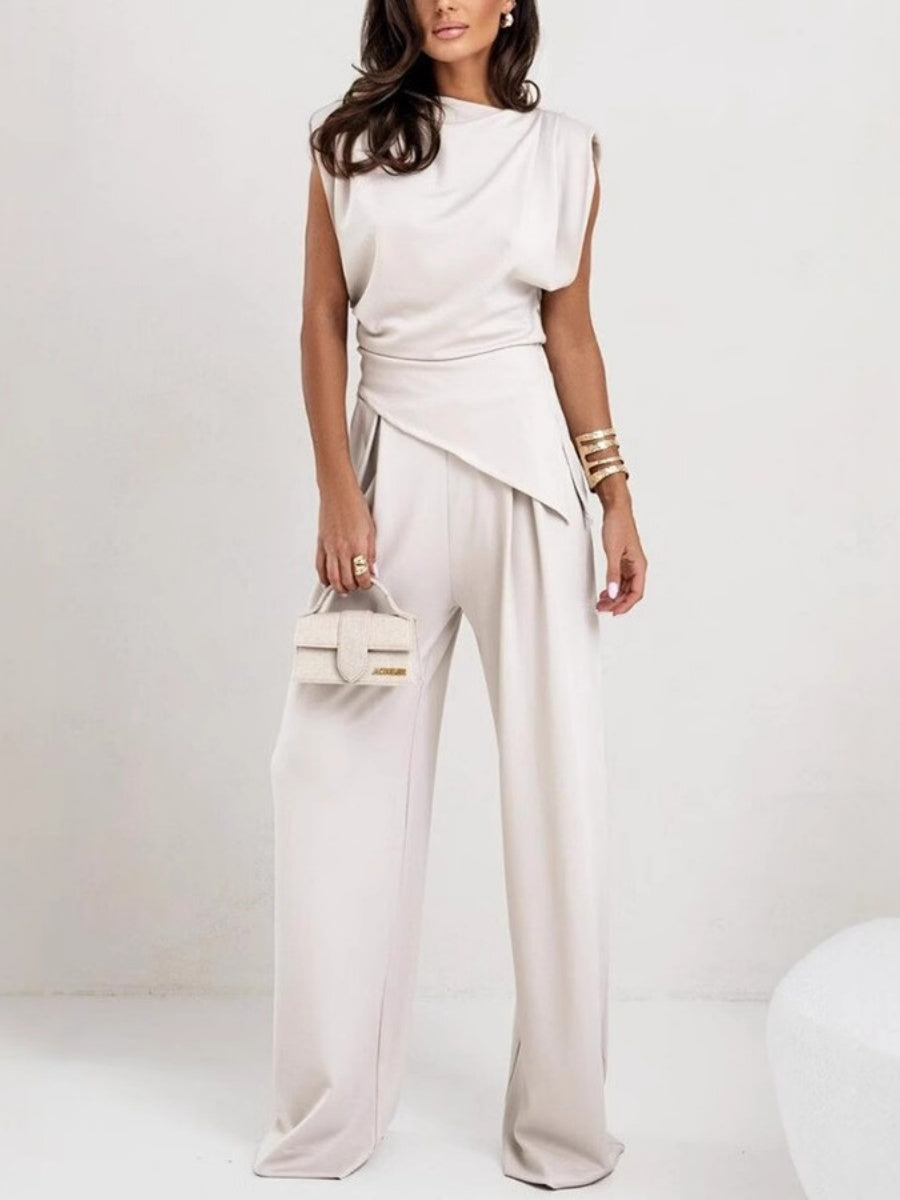 Irregular Sleeveless Tank Tops Gathering Pants 2-piece Sets