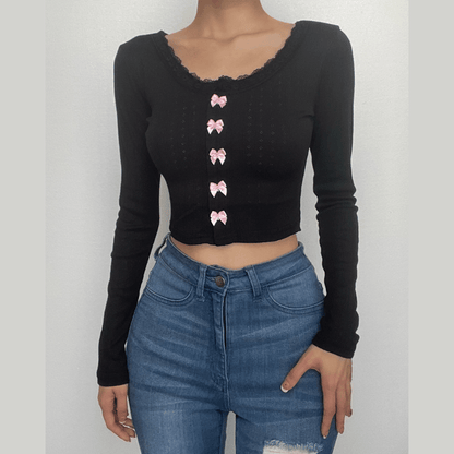 Bowknot textured long sleeve lace hem contrast crop top