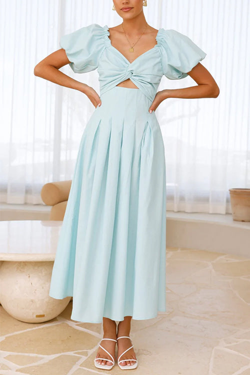 V Neck Twist Front Puff Sleeves Cut Out Maxi Dress