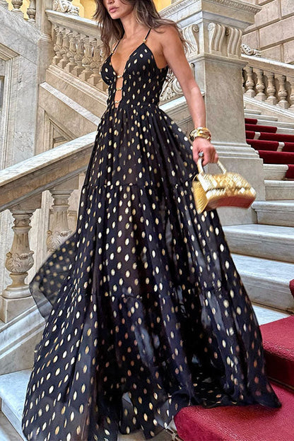 Meridress Cut Out Polka Dot Tiered Swing Maxi Cami Dress